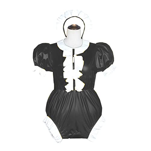 Damen-Body mit Wetlook, PVC, Rollkragen, Bodysuit, Leder, Puffärmel, Schwarz, XS