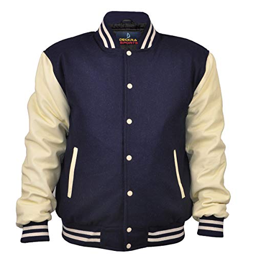 Herren Varsity Jacke Echtes Leder Ärmel und Wollmischung Letterman Jungen College Varsity Jacken XS-5XL, Marineblau / cremefarben, M