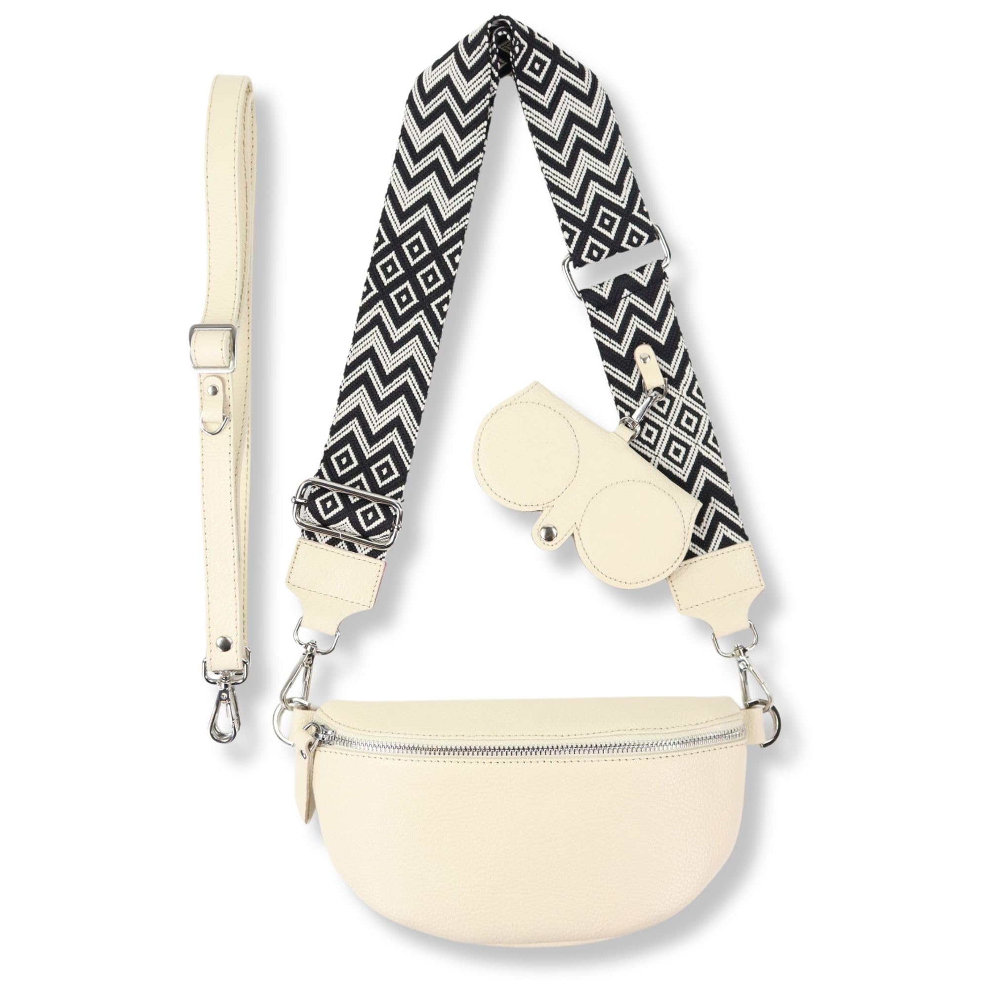 Blade Bauchtasche Damen Echtleder, stylisch Umhängetasche Damen, Crossbody Bag Damen mit 2 abnehmbaren verstellbaren Schultergurten und mit Sonnenbrillen Etui für Frauen-Creme (Mittel/Opt-2)