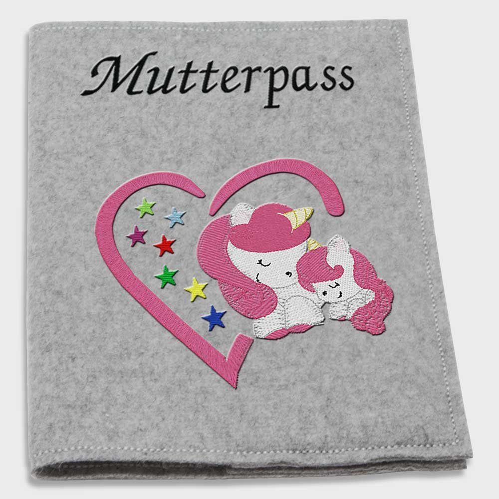 Mutterpass-hülle Wollfilz bestickt Motiv Einhorn Herz pink Filzfarbwahl hellgrau grau dunkelgrau Handarbeit passend für den deutschen Mutterpass (hellgrau)