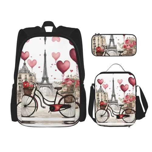 YQxwJL 3-in-1-Rucksack-Büchertaschen-Set, Sonnenblumen- und amerikanische Flagge, lässiger Reiserucksack, mit Federmäppchen, Lunchtasche, Love Paris Tower Kaffee Wein Parfüm Fahrrad Herz,