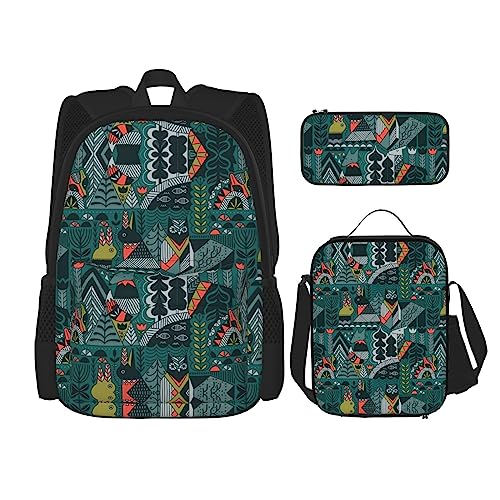 WURTON 3-in-1-Set mit grünem Tierdruck, lässig, verstellbarer Schulter-Rucksack, Lunch-Tasche, Federmäppchen, Beutel, Schwarz, Einheitsgröße