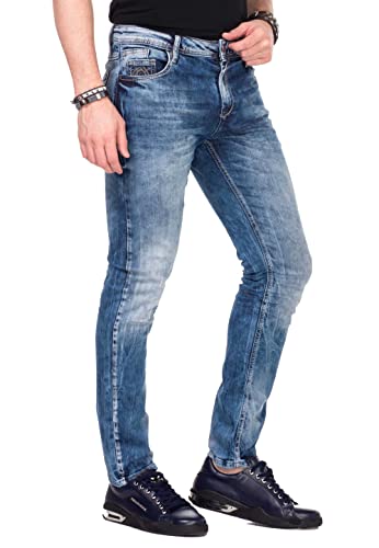 Cipo & Baxx Herren Jeanshose Denim 5-Pocket Design Dicke Naht Used Look Slim Fit Jeans Hose CD319 Blau W34 L30