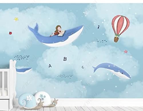 XLMING Blue Sky Whale Heißluftballon Kleines Mädchen Alphabet Kinderzimmer Küche Esszimmer Arbeitszimmer Wohnzimmer TV Hintergrund Wand 3D Tapete-400cm×280cm