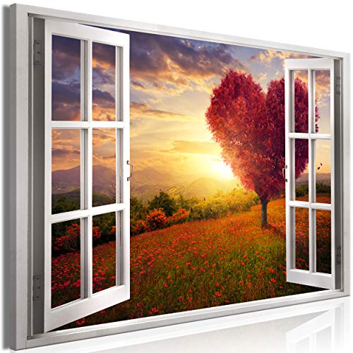 decomonkey Akustikbild Fensterblick 90x60 cm 1 Teilig Leinwand Modern Bilder Wandbilder XXL Schallschlucker Schallschutz Akustikdämmung Wandbild Deko Leise Landschaft Blumen Natur Baum