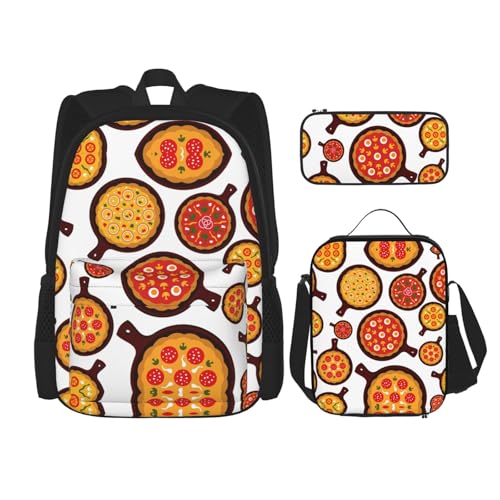 WURTON Pizza-Lebensmittel-Druck, Lunchbox, Federmäppchen, Rucksack-Set, 3-teilig, verstellbare Riemen, langlebig, leicht, Schwarz, One Size