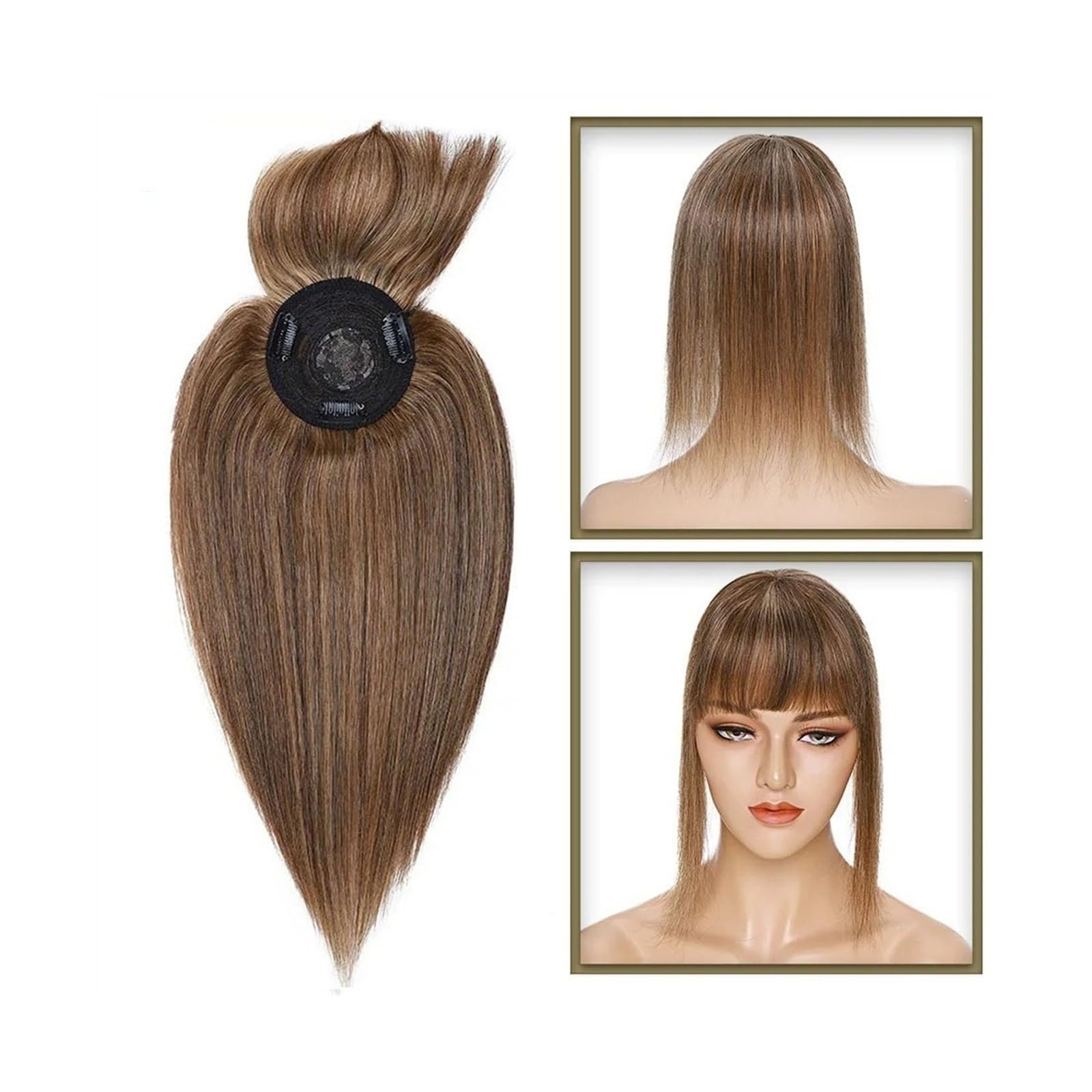 Haartopper für Frauen Haaraufsätze for Frauen mit dünner werdendem Haar, 10–20 Zoll glatter Echthaaraufsatz mit Pony, 150% Dichte, 8,5 x 8,5 cm Seidenbasis, Clip-in-Topper-Haarteile Haarteil Topper T