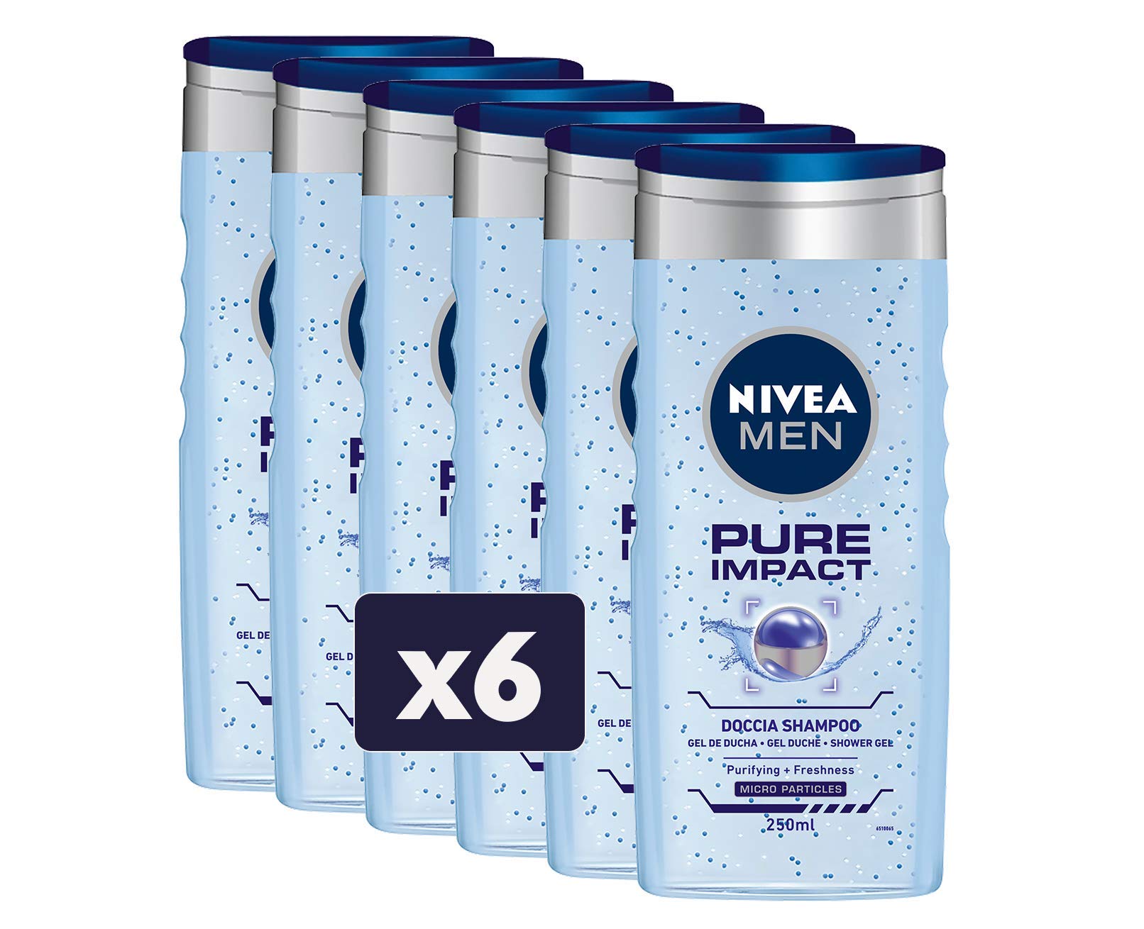 NIVEA MEN Pure Impact Dusch-Shampoo im 6er Pack (6 x 250 ml) Männer Badeschaum für Körper, Gesicht und Haare, Duschgel und Shampoo für Herren mit Minzextrakten