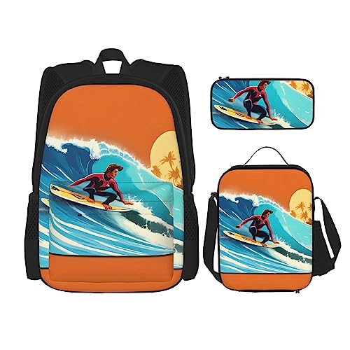 WURTON Hawaiianischer Surfer auf gewelltem Druck, Reise-Lunchbox, Federmäppchen, Rucksack-Set, 3-teilig, verstellbare Riemen, leicht, Schwarz, Einheitsgröße