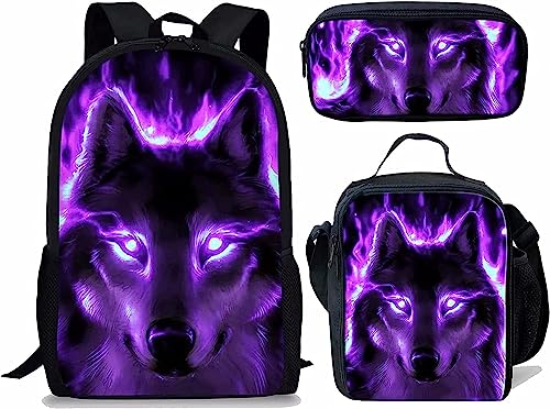 Wolf Schulranzen Set für Jungen Mädchen,3er Pack Schulrucksack Lässiger Tagesrucksack,Grundstufe Kinder Kinder Isolierte Brotdose,Bleistiftetui (A2,12.6inx5.5inx17in)