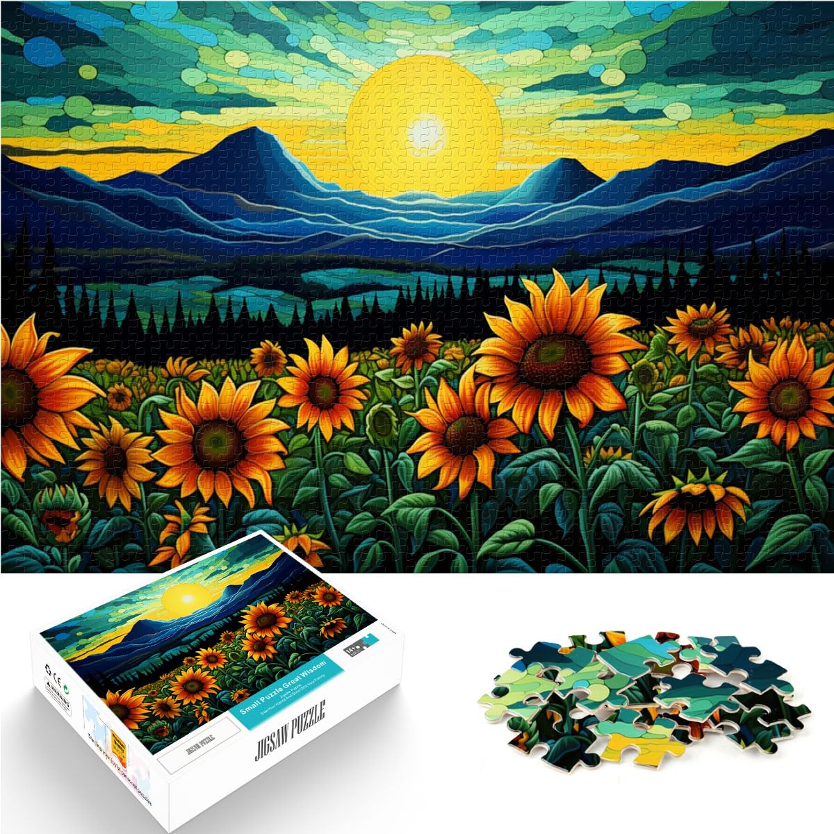 Puzzle für Sonnenblumen unter dem psychedelischen Himmel, Puzzle für Erwachsene, 1000-teiliges Puzzle, Holzpuzzle für Puzzlegeschenke, 1000 Teile (50 x 75 cm)