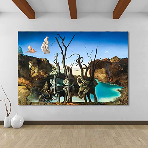 HOLEILUCK Salvador Dali Schwäne, die Elefanten reflektieren, Leinwandgemälde, abstrakte Poster und Drucke, Wandkunst, Bild, Wohnzimmerdekoration, 90 x 120 cm/35 x 47 Zoll, mit Rahmen