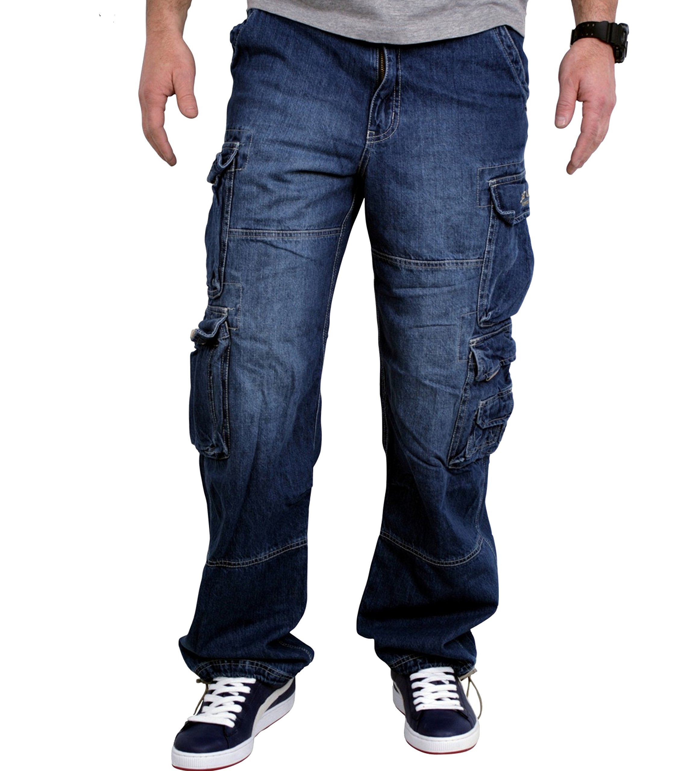 Jet Lag Cargo-Hose Modell 007 Herren Jeans Pant - Denim Lite Navy inkl. F524 Camo Schlüsselband (L/30, Demin Light Blue)