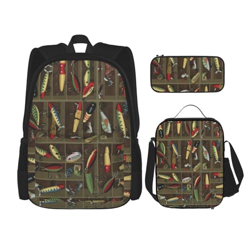 WURTON Rucksack mit Fischköder-Motiv, 3-in-1, Büchertasche, Set mit Lunchbox, Federmäppchen, Reise, Laptop, Tagesrucksack