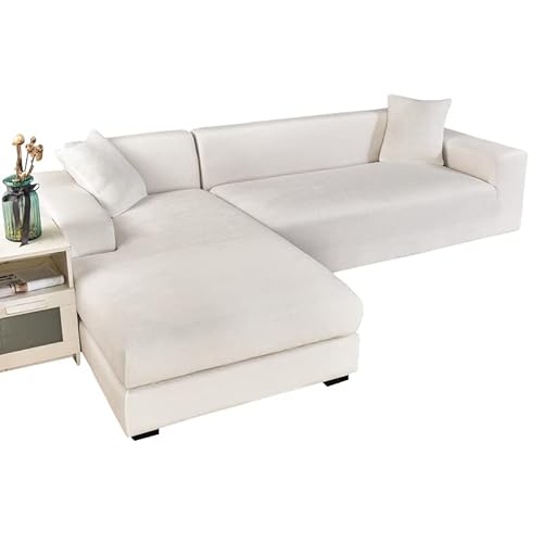 JHLD Stretch Sofabezug L Form Samt, Sofabezug L Form Samt 2 Stück weiche Sofa Abdeckung Sofa Überwürfe Mit elastischem Boden Für Hunde Katzen -Creme-2-Sitzer + 3-Sitzer