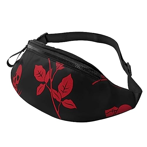 HSJFS Modische Hüfttasche mit Pfauenmuster, verstellbarer Gürtel, lässige Brusttasche, Totenkopf Rose, Einheitsgröße