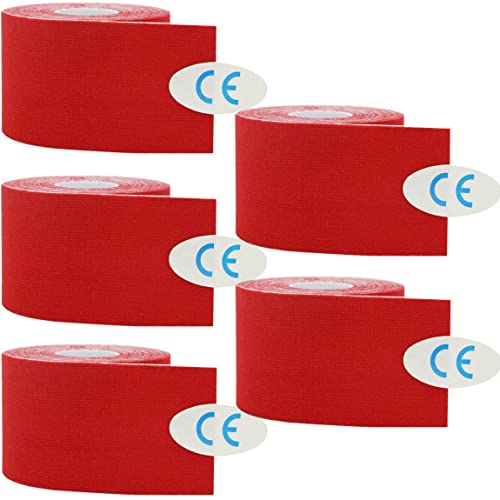 ZESLIV Kinesiologie Tape Kinesio - Tape (5 Rollen) Rot 5cmx5m Professionell Physio Tape Kinesiotapes Klebeband Elastische Bandagen Muskel Tapes Sporttape Tapeverband Kinesio Tape Wasserfest