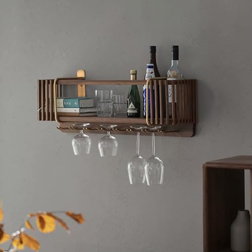 Weinregal aus Holz mit Weinglashalter, Weinregal mit Stielglas-Aufhänger, rustikale Flaschenaufbewahrung, schwimmende Likörregale, Weinregale für Küche, Bar, Esszimmer, schwarze Walnuss und Metall B