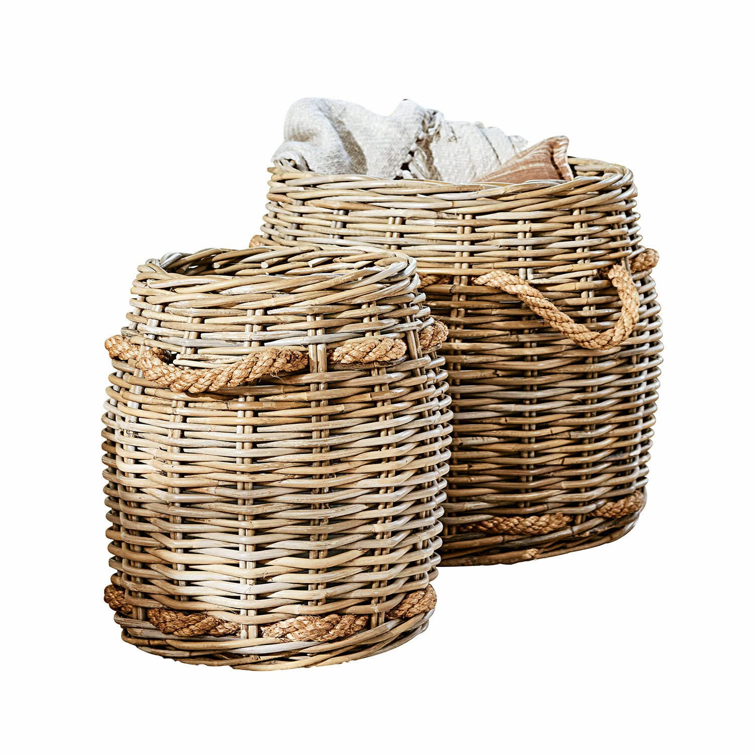 Loberon Korb 2er Set Tauri, handgefertigt, Zwei Größen, Natural Living-Trend, klassisches Design, Aufbewahrung, Ordnung, Rattan, Jute, braun