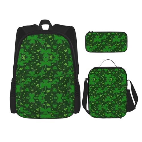 WURTON 3-in-1 Büchertaschen-Set, Motiv: St. Patrick's Day, Glitzer-Druck, verstellbarer Schulter-Rucksack, Lunch-Tasche, Federmäppchen, Beutelbox, Schwarz, Einheitsgröße