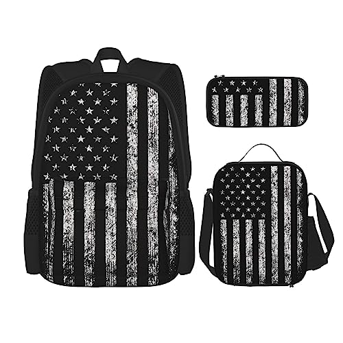 WURTON Amerikanische Tarnmuster Lunchbox Federmäppchen Rucksack Set 3 Stück Verstellbare Träger Langlebig Leicht, Schwarz, One Size