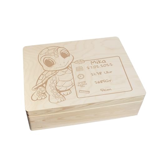 CHICCIE Erinnerungsbox personalisiert für Baby & Kind mit Gravur Schildkröte - Geburt Holzkiste für schöne Erinnerungen - Holz-Box Erinnerungskiste 40x30x14cm