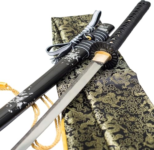 MAUXpIAO 40 Zoll handgeschmiedetes japanisches Samurai-Schwert Full Tang 1060 Kohlenstoffstahl Eisen Tsuba geschmiedet gefaltet roter Damaststahl echtes Katana-Schwert echt/A/70.5cm