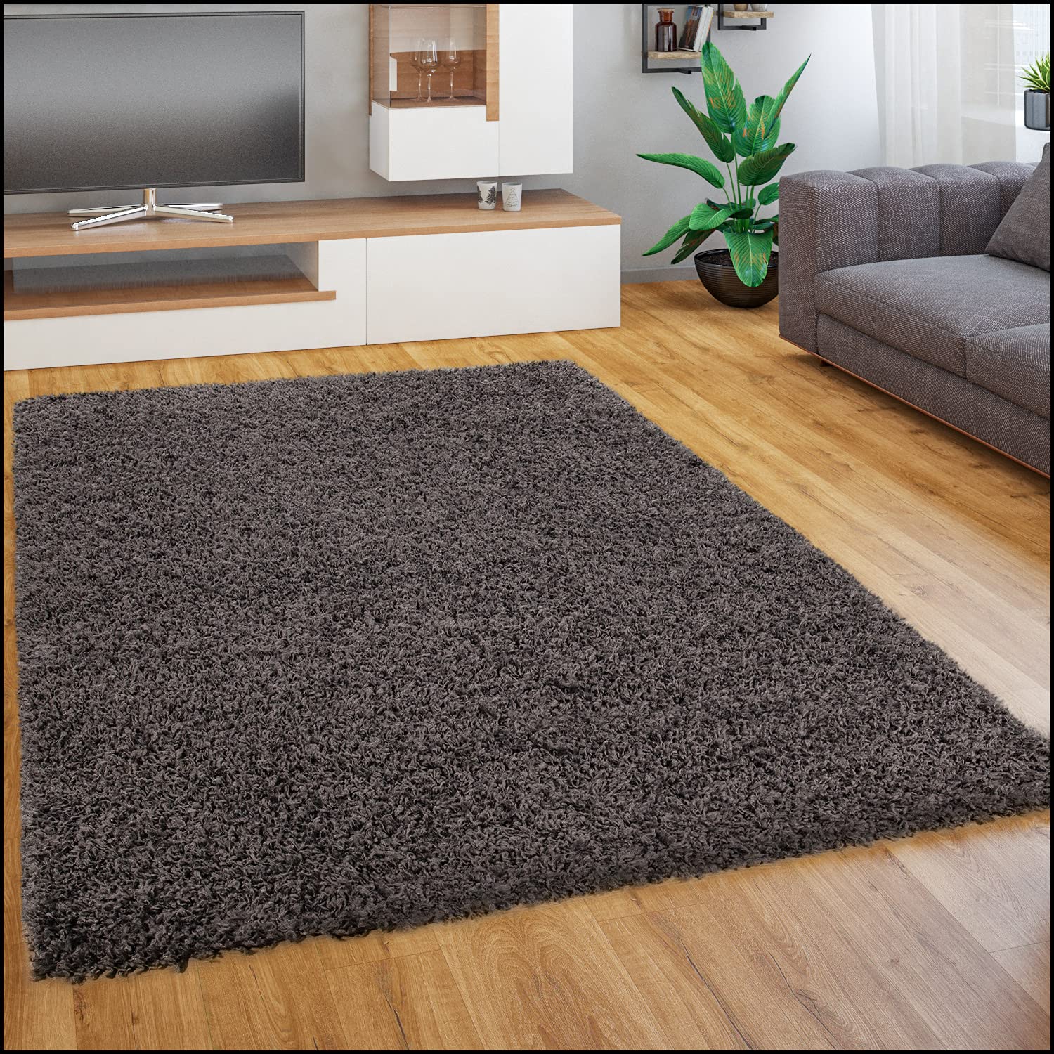 Paco Home Teppich Wohnzimmer Schlafzimmer Hochflor Shaggy Flokati Optik Einfarbiges Design Weich Flauschig Moderne Deko, Grösse:150 cm Quadrat, Farbe:Anthrazit