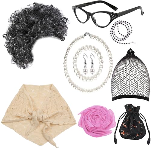 PLCPDM Kostüm-Set für alte Dame, graue Perücken, künstliche Ohrringe, Brille, für alte Dame, zum Spielen, Verkleiden, Zubehör für alte Dame, Kostüm für Bühnenauftritte