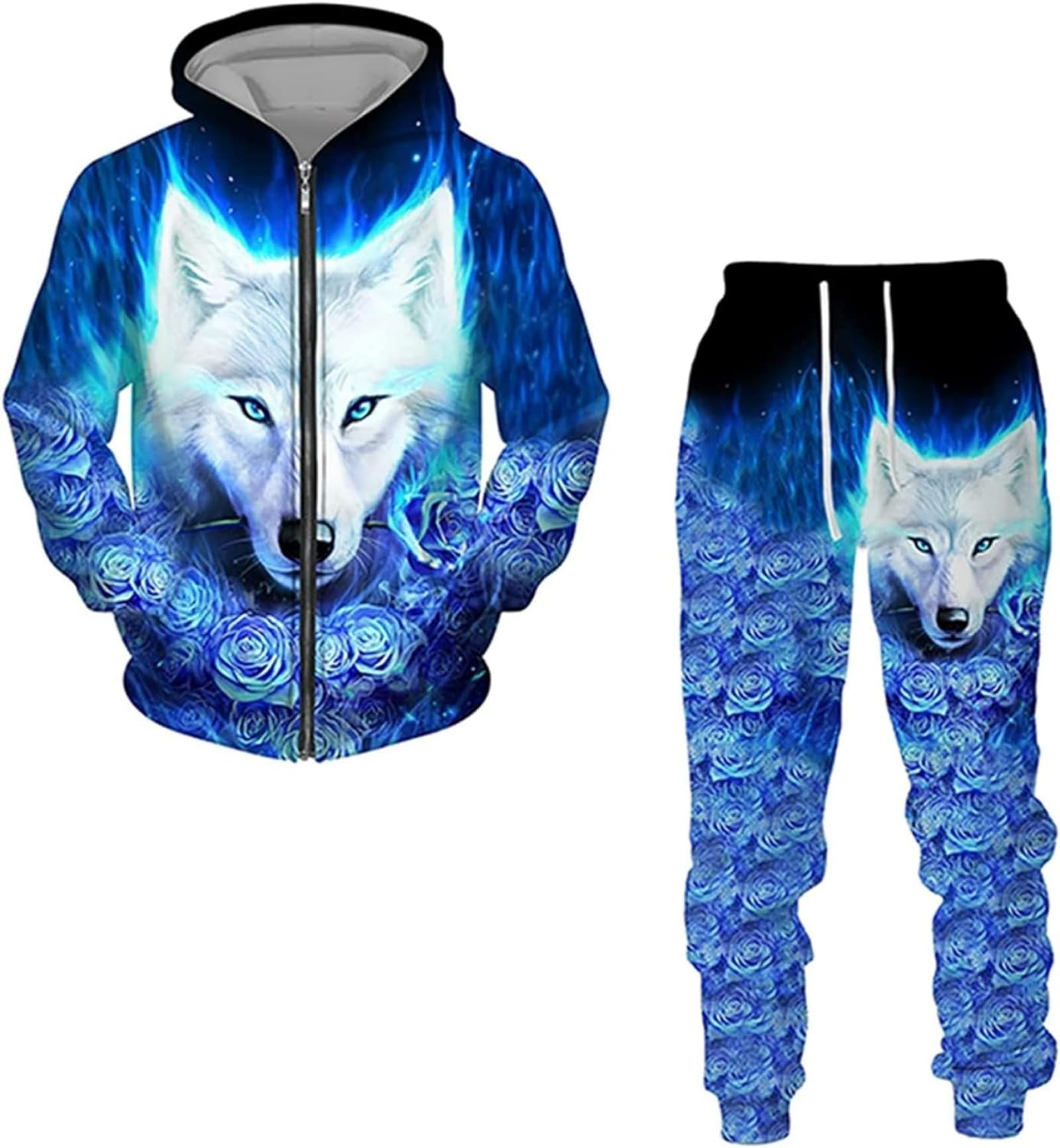 RIAAJ Wolf Herren Langarm Pullover Trainingsanzug 3D Hoodie und Sweatpants Set mit Zipper für Manner (A5,2XL)