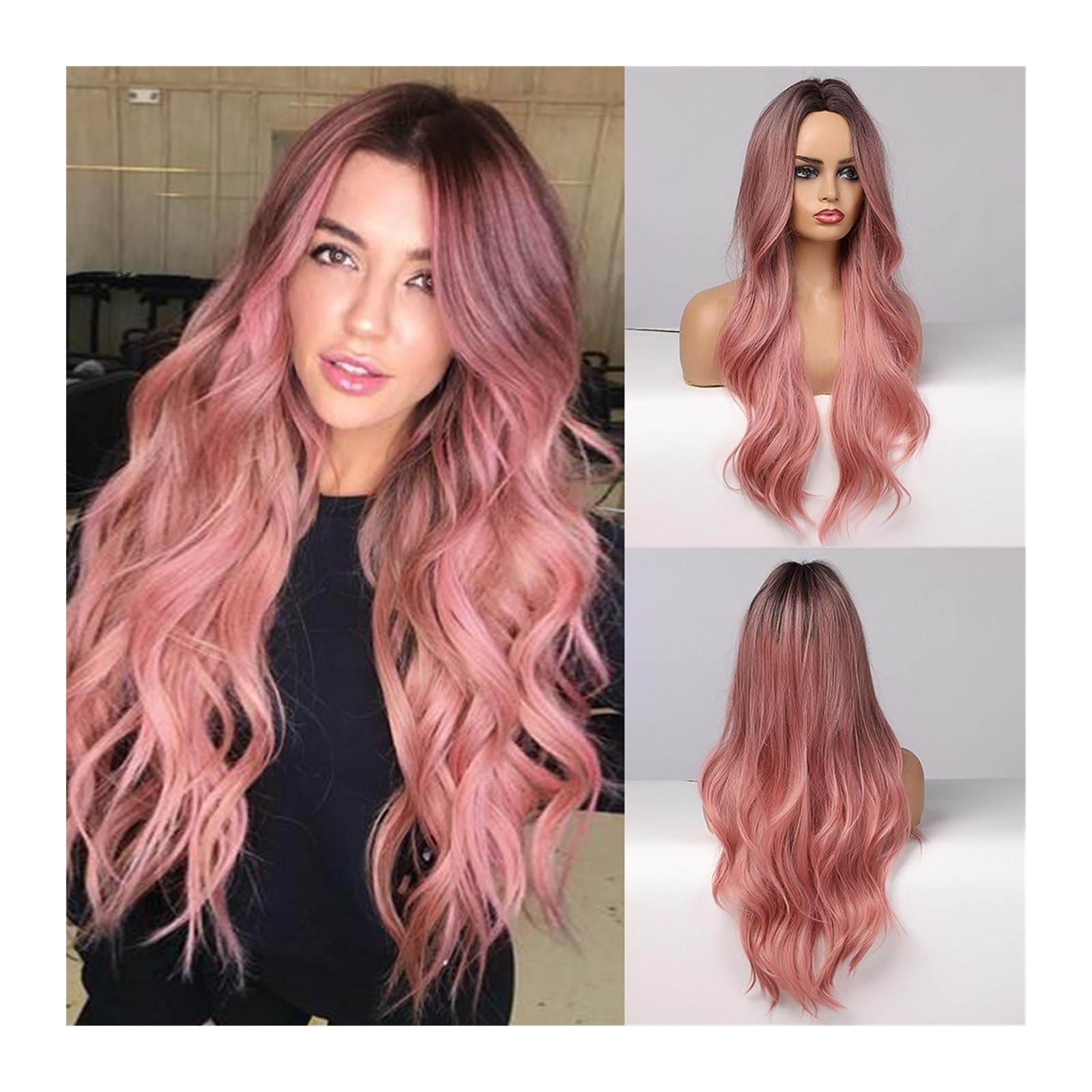 Perücken für Frauen Lange Ombre-Rosa-Synthetik-Perücken for Frauen, Mittelteil, gewellt, Cosplay-Perücken, Naturhaar-Perücke, hitzebeständig, rosa-rote Perücke für die Tägliche Party Cosplay Tragen