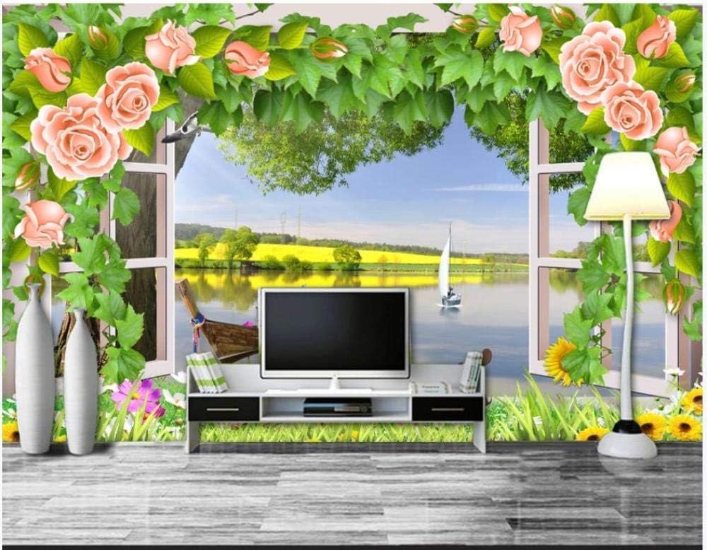 Weiße Fenster Rosa Blumen Boote Flüsse 3D Tapete Poster Restaurant Schlafzimmer Wohnzimmer Sofa TV Dekorative Wand-400cm×280cm