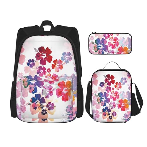 WURTON 3-in-1 Büchertaschen-Set, Motiv: Hawaiianischer Blumendruck, verstellbarer Schulter-Rucksack, Lunch-Tasche, Federmäppchen, Beutel, Schwarz, Einheitsgröße