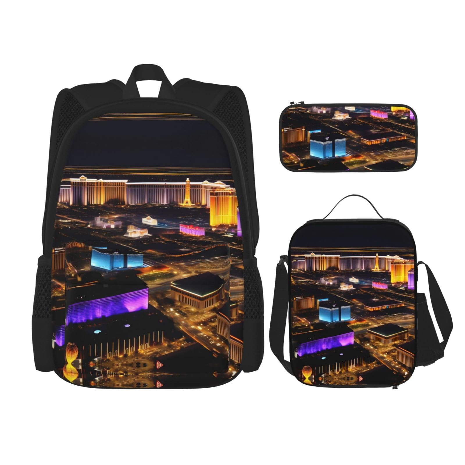 WURTON Las Vegas Nachtansicht Druck Lunchbox Federmäppchen Rucksack Set 3 Stück Verstellbare Träger Langlebig Leicht, Schwarz, One Size