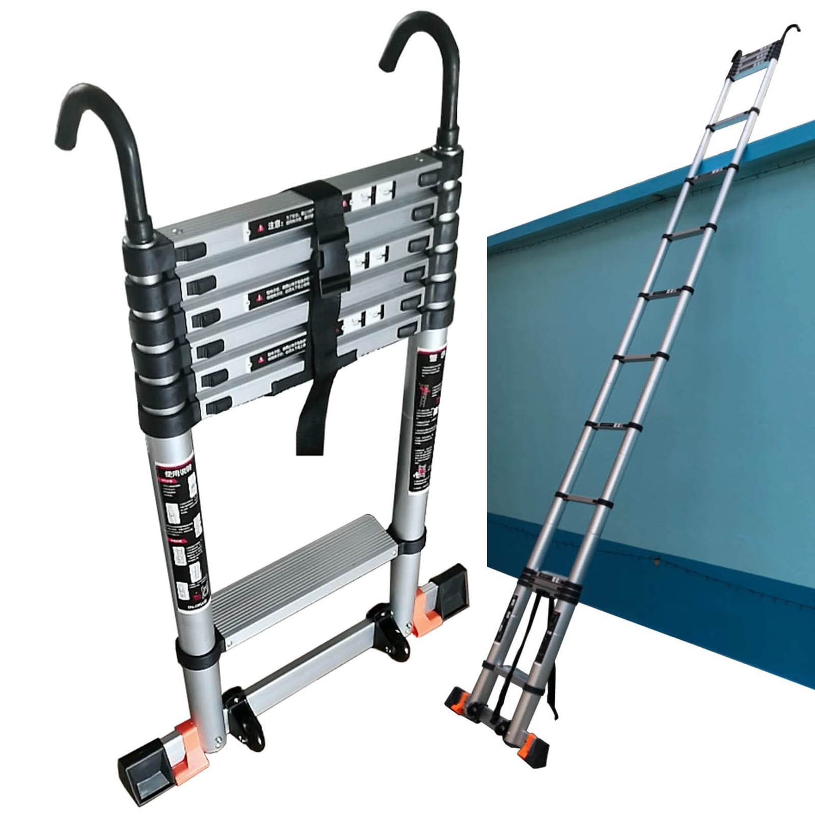 RASOANOA xtension-Teleskopleitern für 6 m/5 m/4 m/3 m/2 m Wohnmobil/Dachzelt/Dachboden, Aluminium-Teleskopleiter mit abnehmbarem Haken und Stabilisatorstange, Tragkraft 200 kg (Größe: 3,9 m/12,5 Fuß)