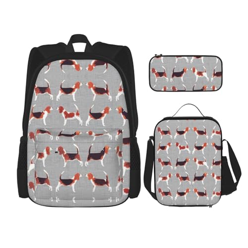 WURTON Rucksack mit Beagle-Muster, 3-in-1, Büchertaschen-Set, Lunchbox, Federmäppchen, Reise-Laptop, Tagesrucksäcke, Schwarz, Einheitsgröße