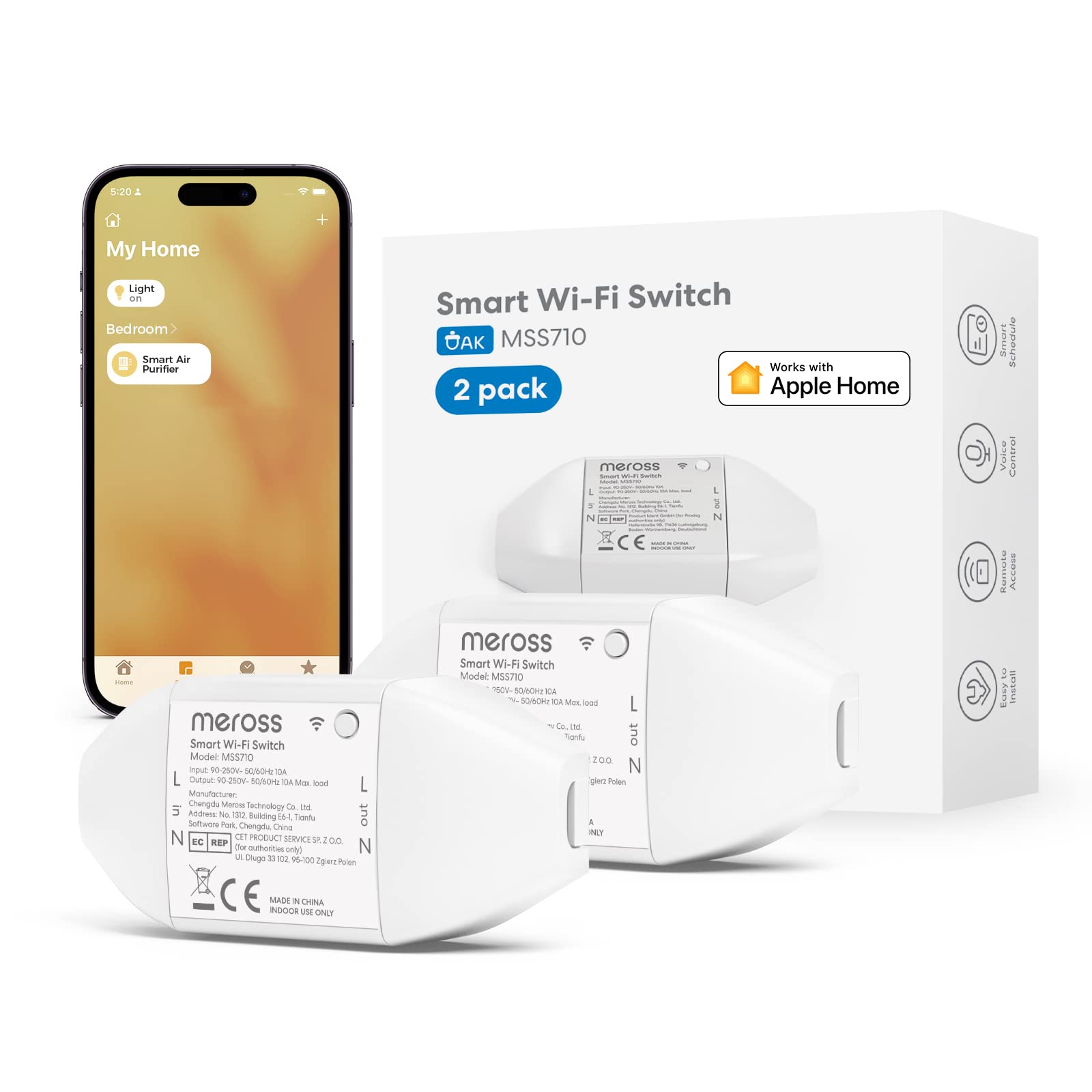 Meross WLAN Schalter funktioniert mit Apple HomeKit, Smart Switch Fernbedienung mit Siri, Google Assistant, SmartThings, DIY Smart für elektrische Haushaltsgeräte, 2pcs