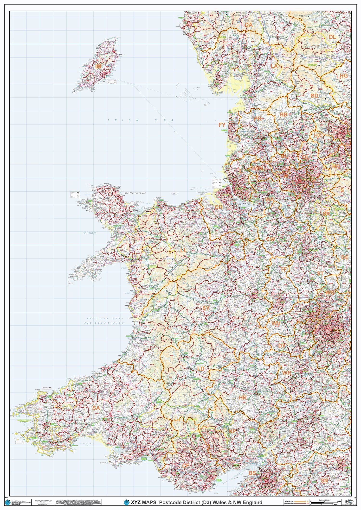 Wales, Postleitzahl District Wandkarte, kunststoffbeschichtet