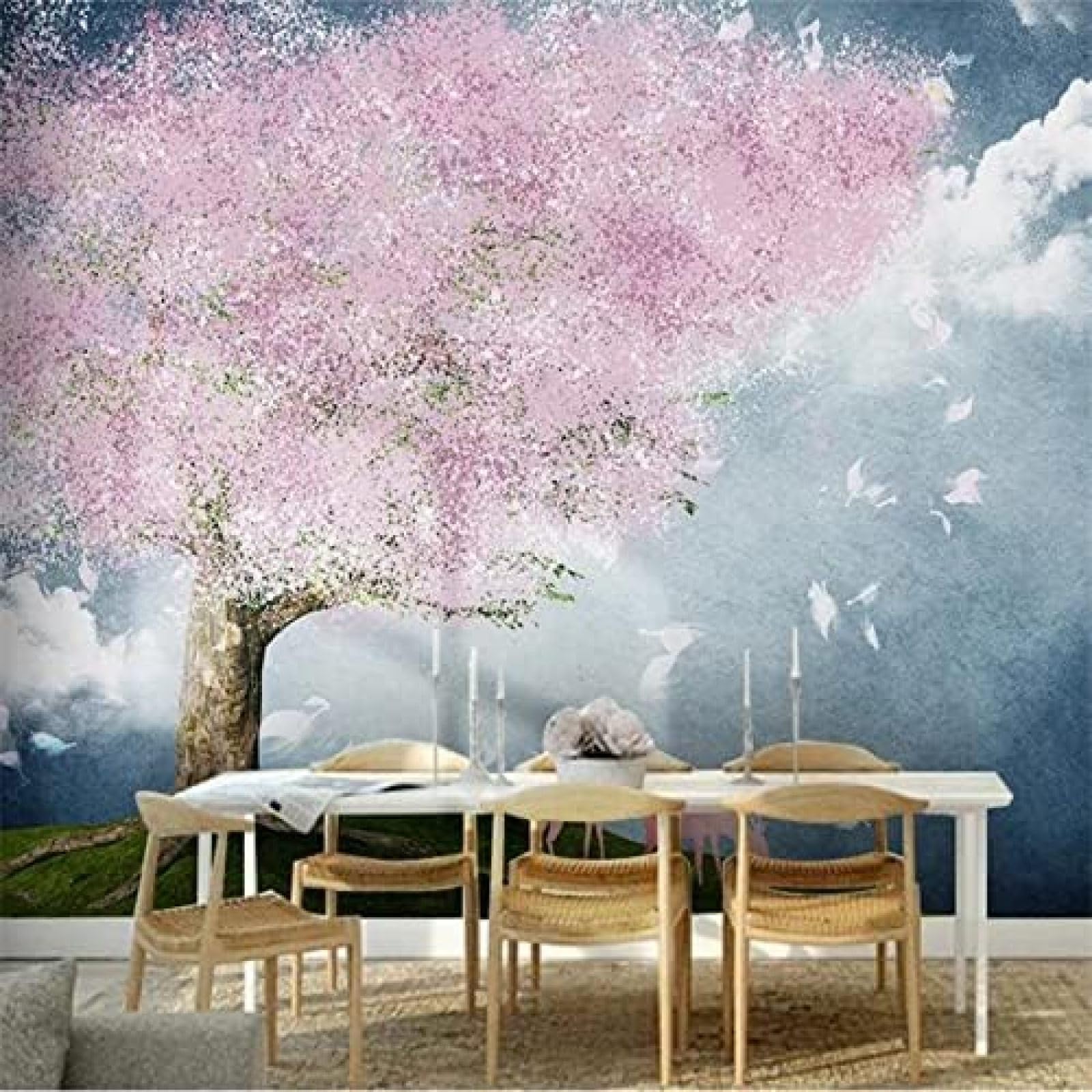 XLMING Handgemalte Rosa Blumen Elch Landschaft Landschaft 3D Tapete Wohnzimmer Sofa Schlafzimmer Esszimmer Home Dekoration Wand-200cm×140cm