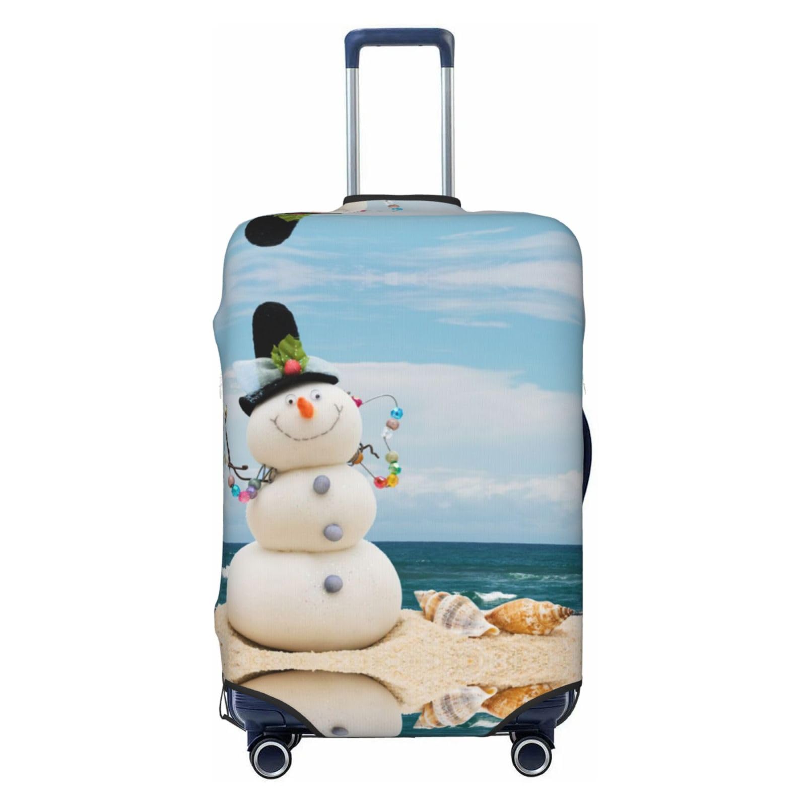 Miniks Reisegepäckabdeckung, Schneemann mit Muscheln, der am Sandstrand sitzt, robuster Koffer-Schutz, passend für 45,7 - 81,3 cm große Gepäckstücke, Schwarz, Large