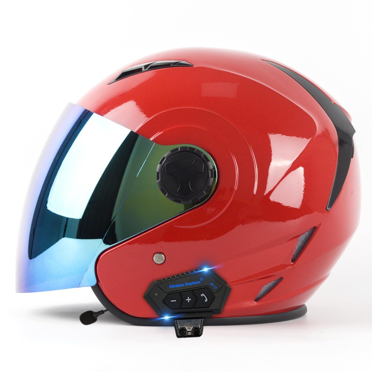 Motorradhelm Erwachsene 3/4 Bluetooth Open-Face Jet-Helm Retro Motorrad Moped Halbhelm Cruiser Herren Damen Rollerhelm mit Sonnenblende Vintage Style Halbschale Sturzhelm 13,M:57-58CM