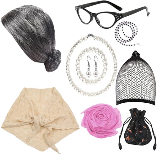 Btgghytr Kostüm-Set für alte Dame, graue Perücken, künstliche Perlen, Ohrringe, Brille, für alte Dame, Spielzubehör, Zubehör