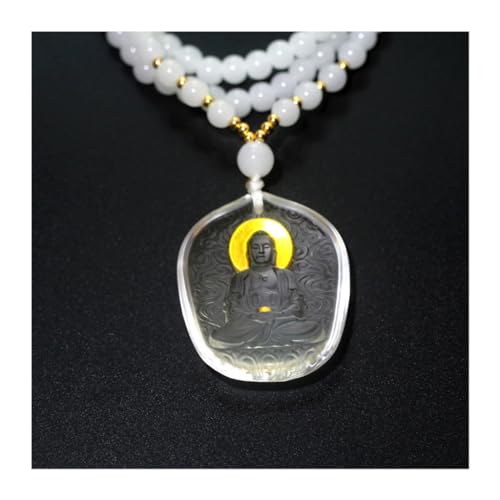 CKSEKD Foxi 1 Stück Amitabha-Buddha-Halskette, Unisex-Anhänger Der Buddha-Statue Aus Glas Mit 108 Glasperlenkette(White)