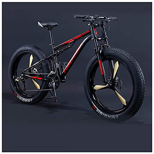 REOTEL 26 Zoll Mountainbike Herren Damen Mountainbike Fatbike, 7/21/24/27/30 Gang-Schaltung Erwachsene Fette Reifen Fahrrad, Rahmen Kohlenstoffstahl Vollfederung Bike,Black 3 Spoke,30 Speed