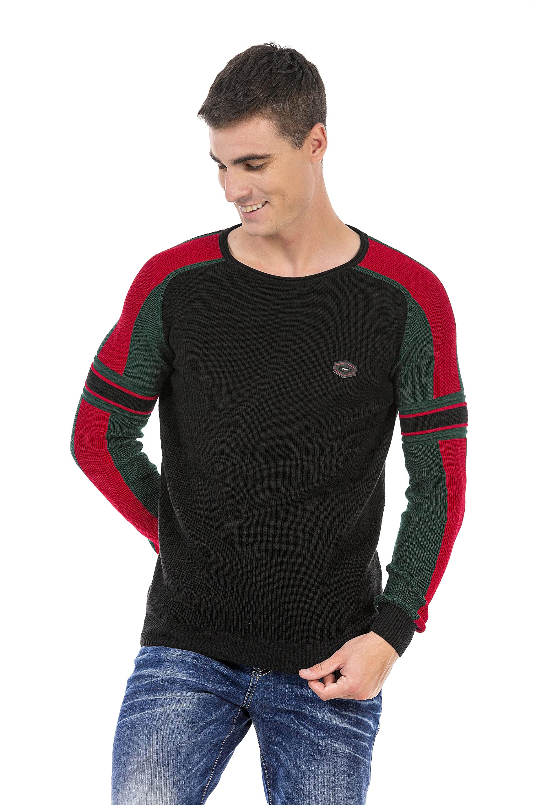 Cipo & Baxx Herren Pullover Farbblock Design Strickpullover Sweater Rundhals Pulli CP249 Schwarz L