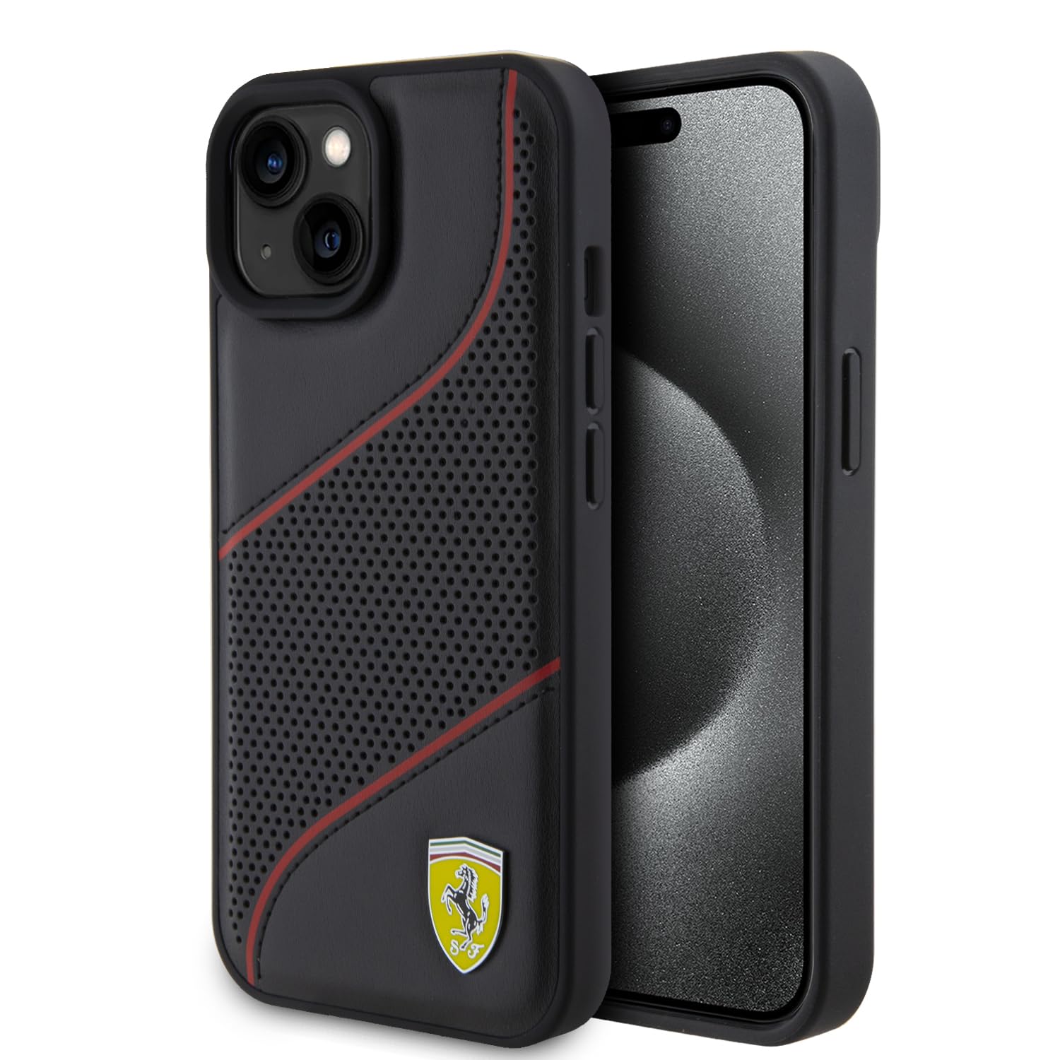 CG MOBILE Ferrari Handyhülle Kompatibel mit iPhone 15 Zoll Schwarz schräge Perforation PU Leder Anti-Scratch, Glatte Schutzhülle mit Easy Snap-on, Stoßdämpfung & Signature Logo, FEHCP15SPWAK