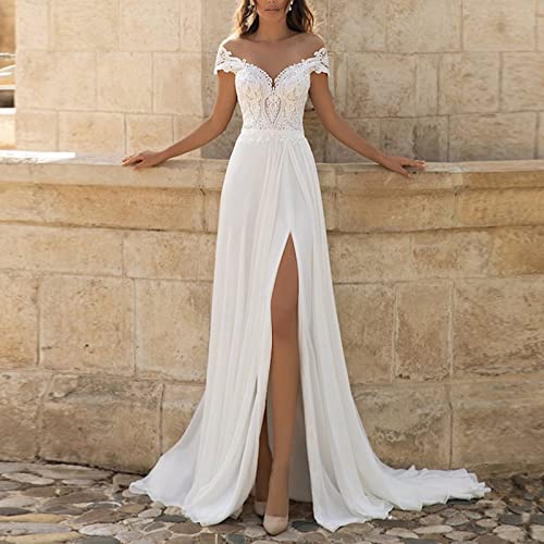 Hochzeitskleider für Eine Linie von Schulter Sexy v Hals High Slit Empire Taille Tüll Spitzenapplikation Plus Größe Brautkleid Weiß Plus 46, ESBANT, Elfenbein, 46