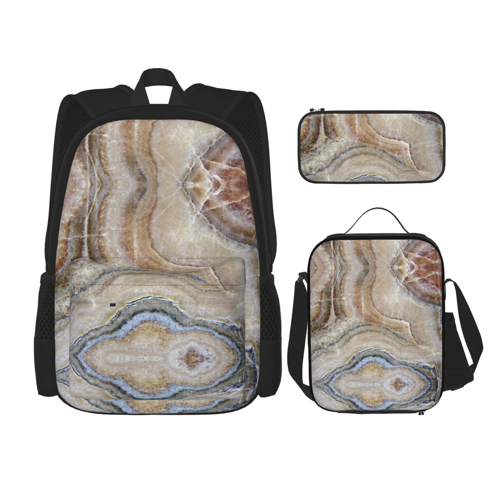 WURTON Onyx Stone Hellblauer Druck, verstellbare Schultergurte, Rucksack-Set, Lunchtasche, Federmäppchen, Kombinationstaschen-Set