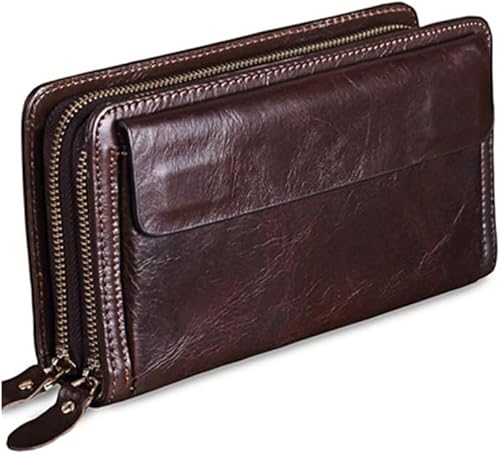 VSULZVNU Herren-Clutch, Rindsleder, echtes Leder, lange Geldbörse, Business-Geldbörse, großes Fassungsvermögen, Doppelreißverschluss, Handytasche für Herren