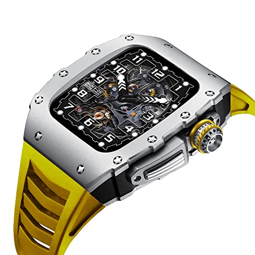 KANUZ Luxuriöses Metallgehäuse für Apple Watch 8, 7, 45 mm, Mod Kit, Aluminiumlegierung, Gummi, Sportband, iWatch 6, 5, 4, SE, 44 mm, DIY-Modifikationsset (Farbe: Schwarzgrau, Größe: 44 mm für